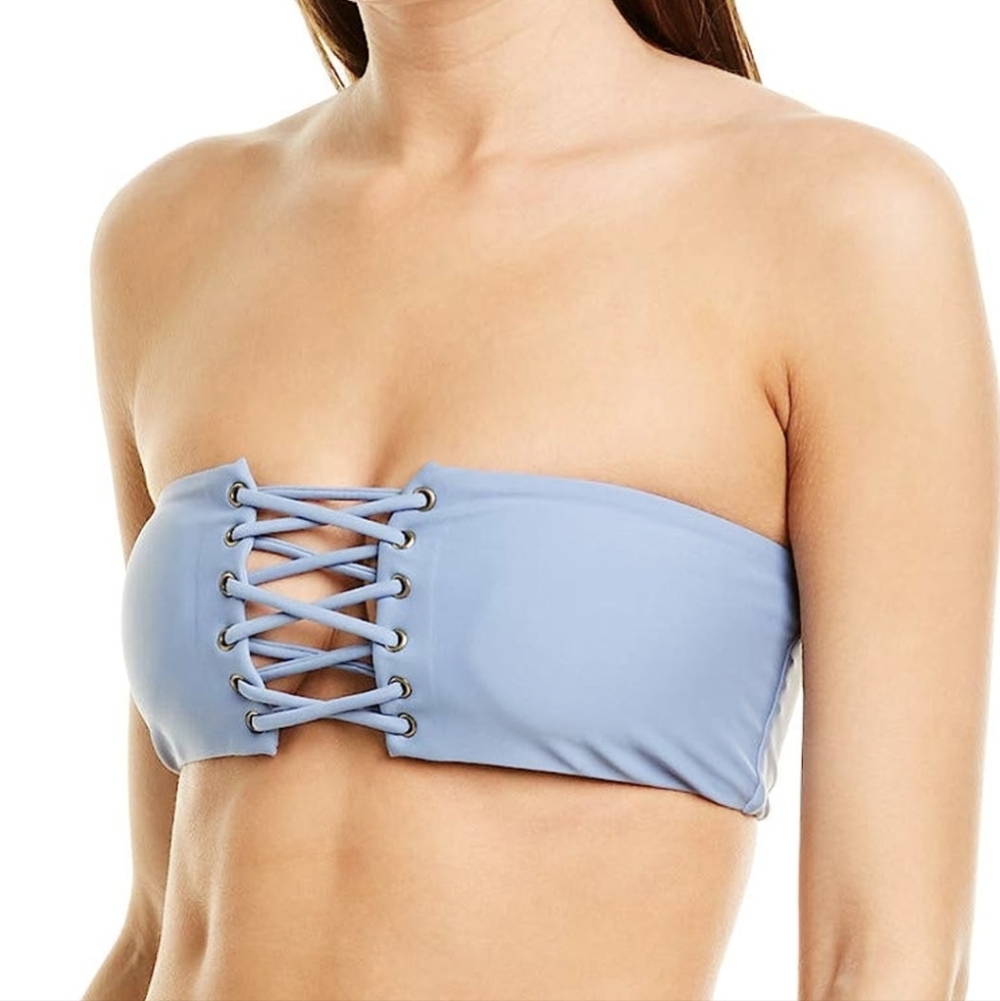 Pilyq muted blue lace front bandeau swim top NWT. Sz M